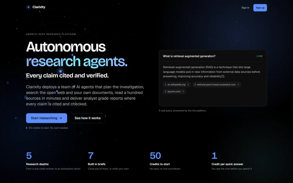 The Clarixity landing page in signal blue on black, with the headline Autonomous research agents, every claim cited and verified, and a live answer beside it.