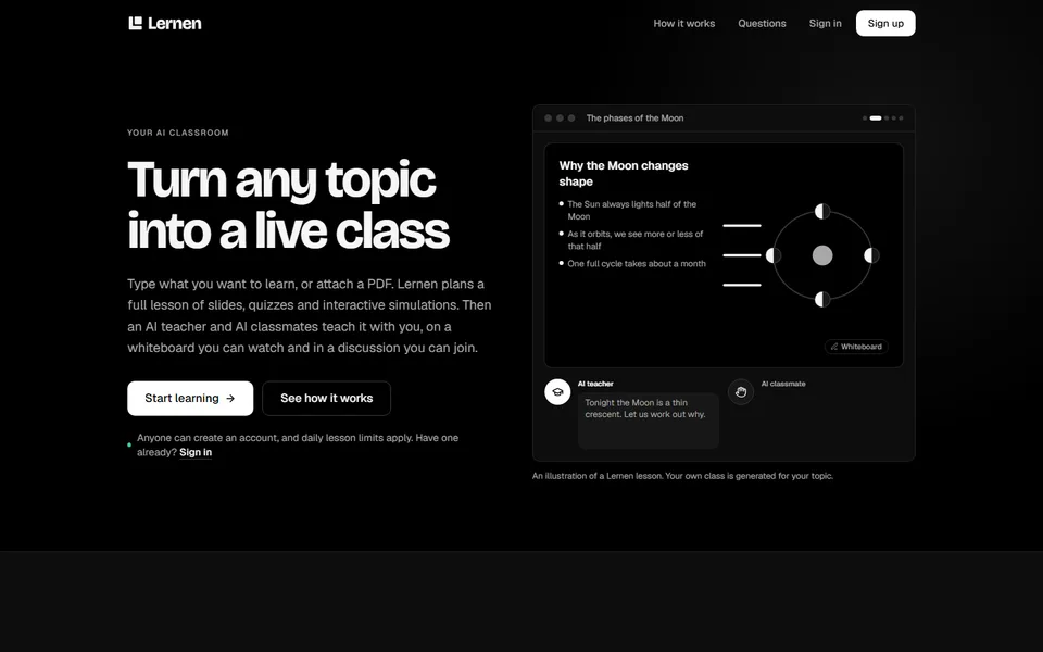 The Lernen landing page, black and white, with the headline Turn any topic into a live class and an illustration of a lesson on the phases of the Moon.