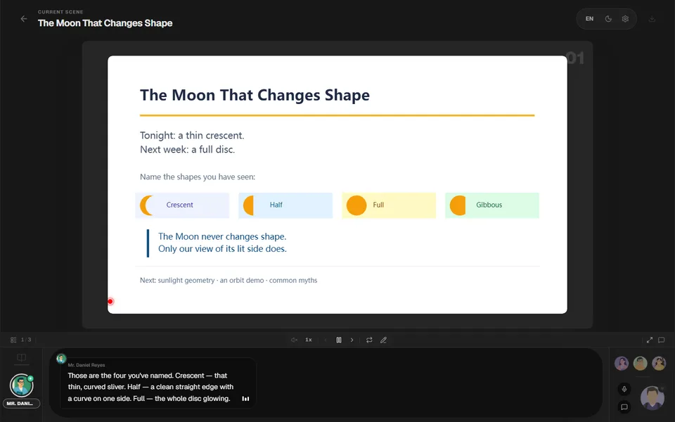 A generated Lernen lesson playing, a slide titled The Moon That Changes Shape with four phase shapes, and the AI teacher narrating it in a caption below.