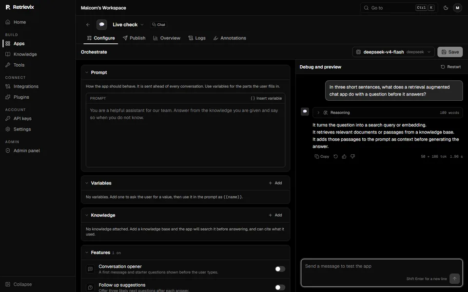 The Retrievix app editor, with the prompt, knowledge and features on the left and a debug pane on the right streaming a DeepSeek answer with its reasoning and token count.